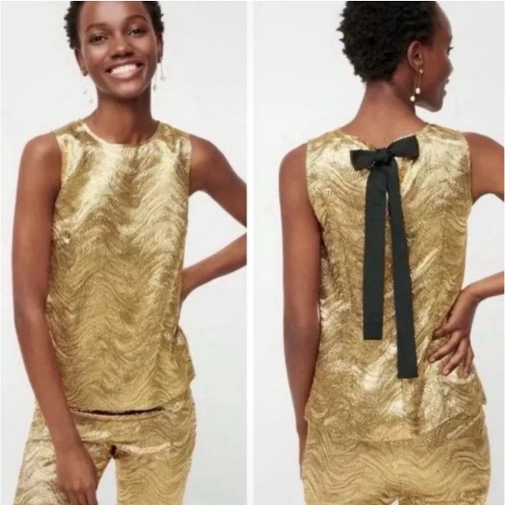J.Crew Collection Gold Metallic Leaf 
Jacquard Bow Back Top